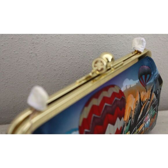 Anuschka Hot Air Balloon Hand-Painted Leather Kiss Lock Clutch Crossbody Bag - Picture 7 of 11